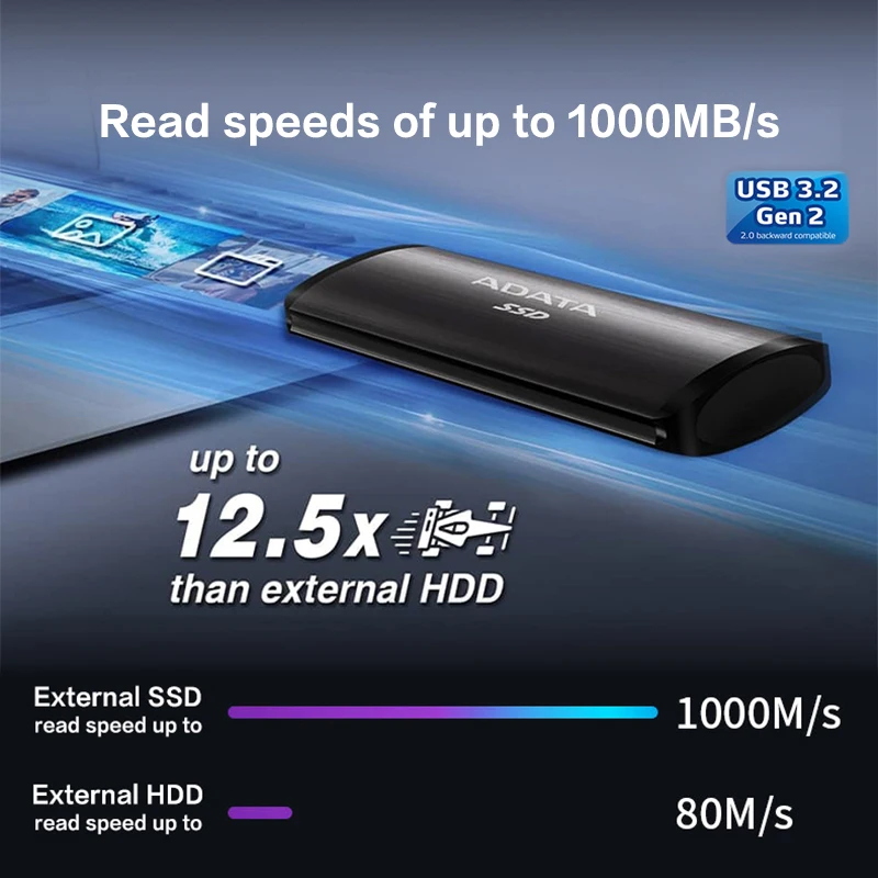 ADATA PSSD SE760 External Solid State Drive USB 3.2 Gen 2 Type-C Portable Hard Drive 512GB 1TB 2TB Up to 1000Mb/s Hard Disk SSD External Hard Drive Solid Flash Drive