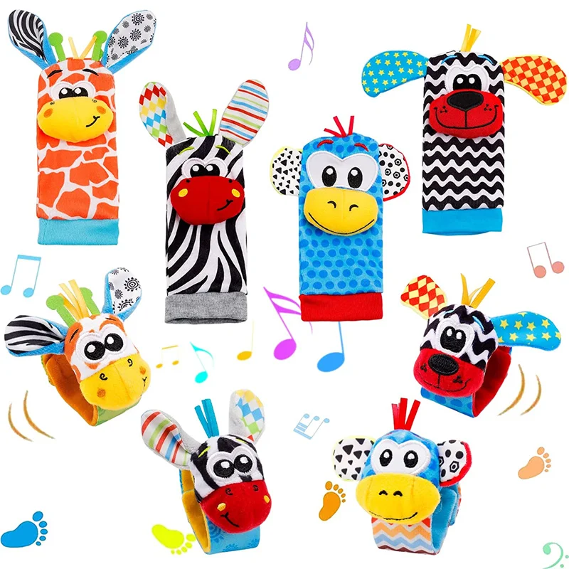 Baby Rattle Toys Soft Cartoon Plush Socks Wrist Strap Rattles for 0-12 Months