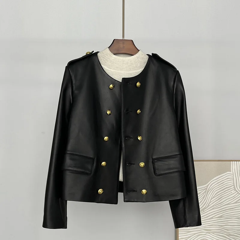 

spring/autumn fashion popular round necked Hening genuine leather jacket for women's short,small sheep skin jacket