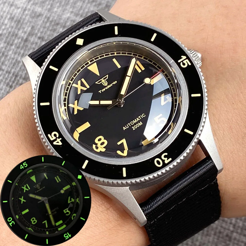 40mm 20ATM 50-Fathoms Blasting Sand Retro Watch Men Dome Sapphire Glass Green Super Luminous Bezel Japan NH35 Automatic Watch japan nh35a pt5000 20atm waterproof 36mm double dome glass silver sandblast military watch for men retro automatic screw crown