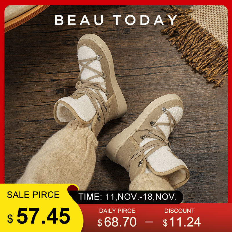 BeauToday Snow Boots Women Flats Lace Up Round Toe Cow Suede Warm Faux Fur Mixed Color Casual Outdoor Winter Ladies Shoes 08036