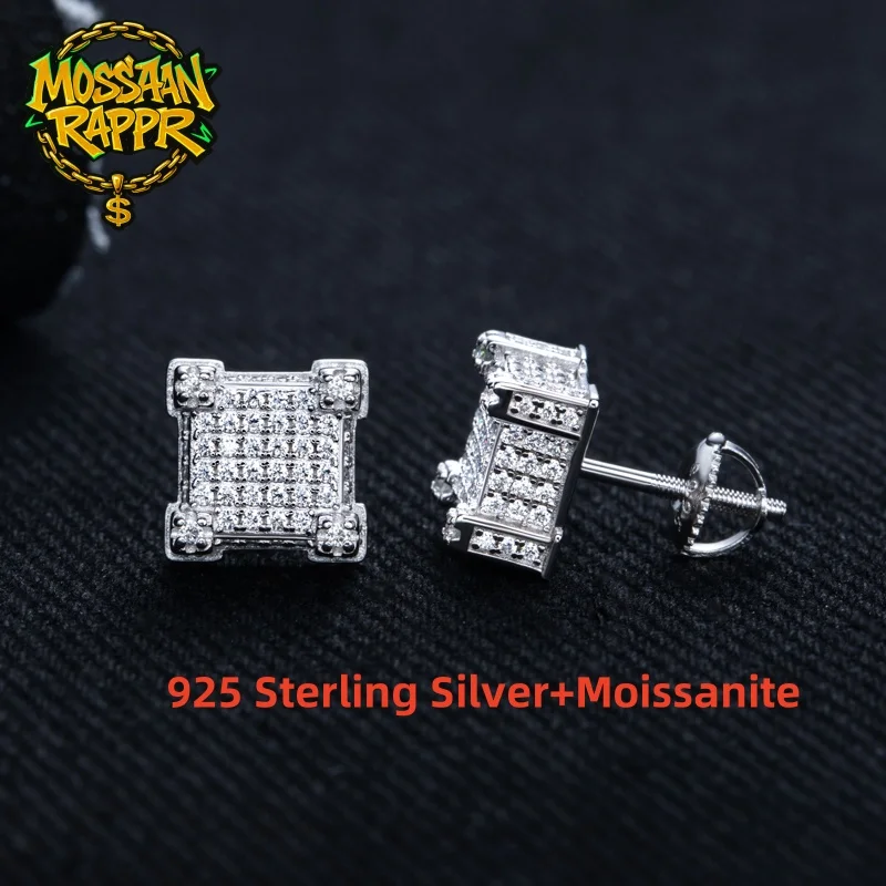 MossanRappr 1.06cttw Moissanite 다이아몬드 스퀘어 스터드 귀걸이  트렌디 쿨 힙합 쥬얼리 남성 여성을위한 선물
