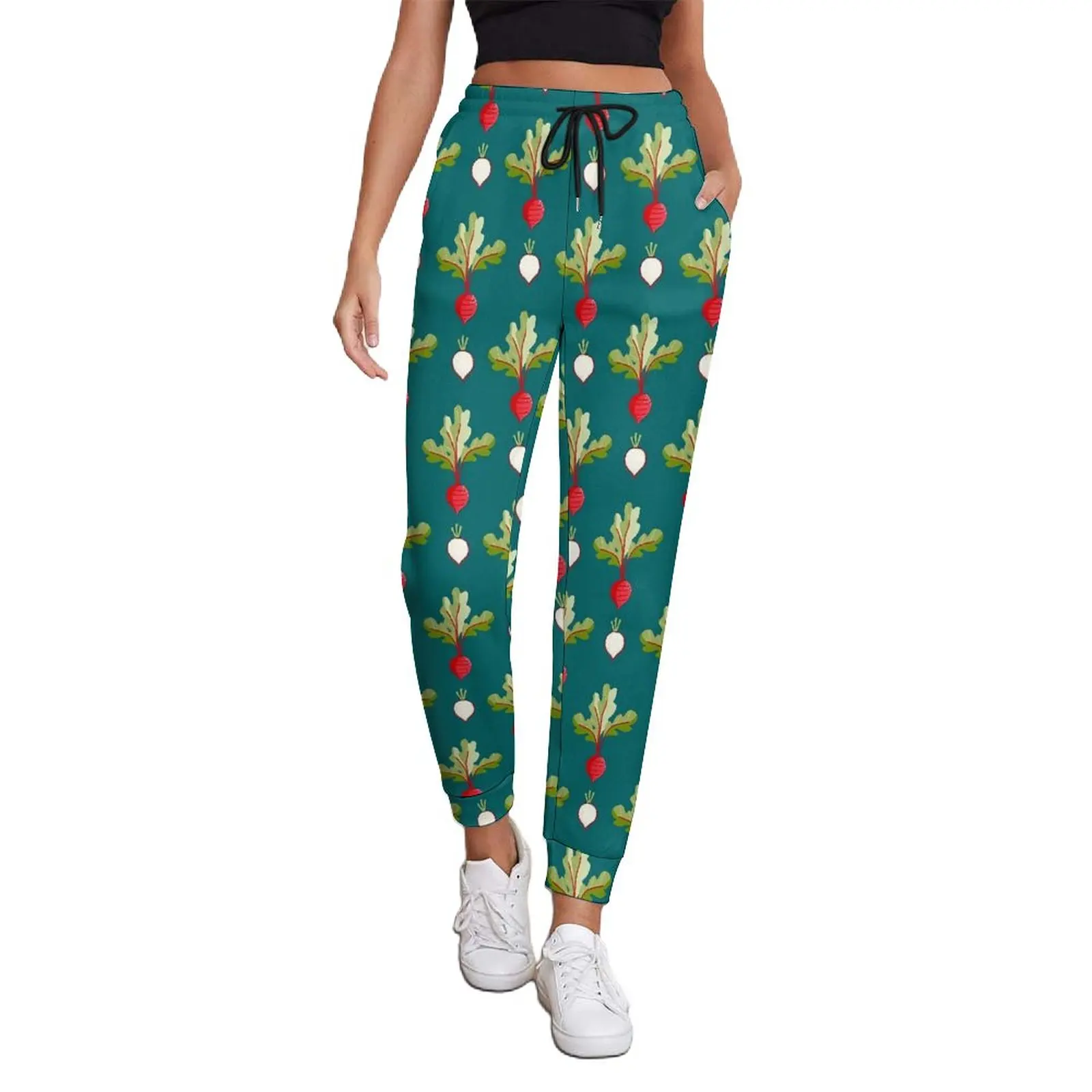 

Radishes Print Pants Women Red And White Street Wear Sweatpants Spring Modern Custom Trousers Big Size