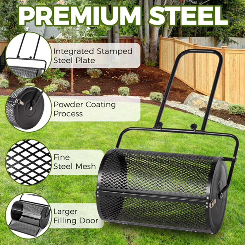 24 inch Compost Spreader for Lawn Garden Peat Moss Roller with Double Side Latches Steel Mesh Basket for Topdressing Seedling