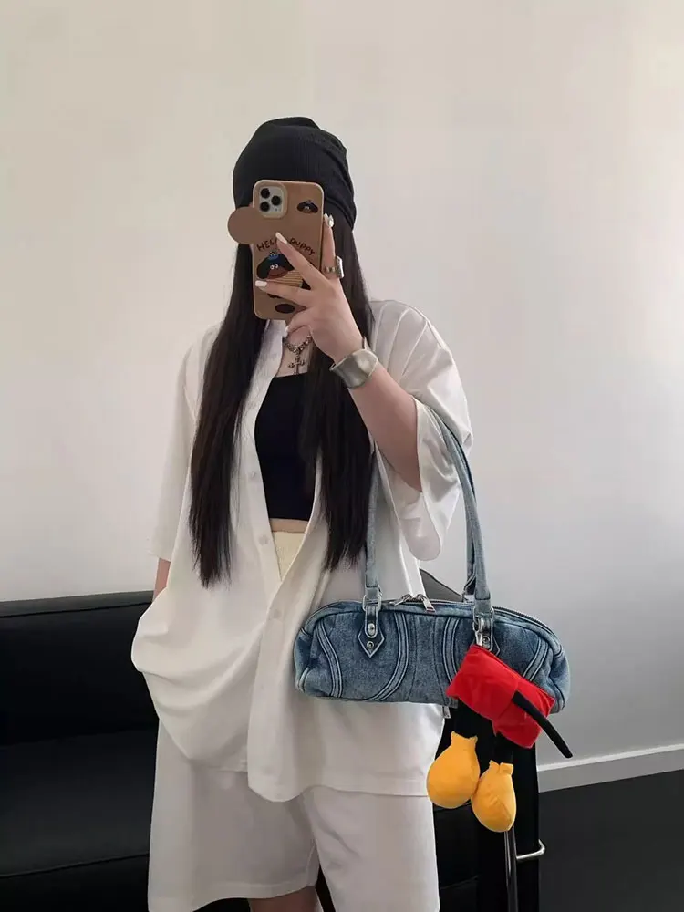 Casual Travel Bag For Women Designer Jeans Bag Large Capacity Denim Shoulder Bag Leisure Pillow Handbag Lady Brand Boston