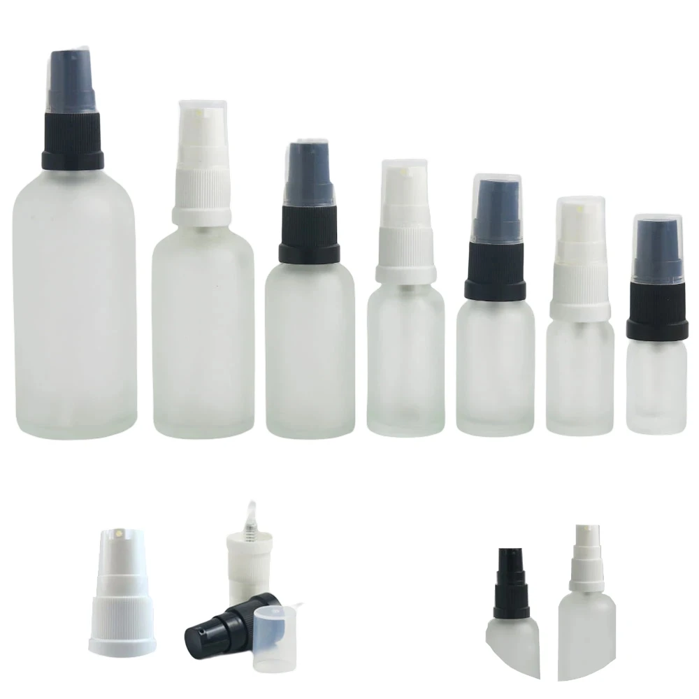 10pcs Frost Clear Glass Bottle with Lotion Pump Aromatherapy oil Bottle Essential oil Glass Bottle 10ml 20ml 30ml 50ml 100ml 10pcs lot 5 10 15 20ml clear glass dropper bottle with black lid portable glass eye dropper aromatherapy esstenial oil bottle