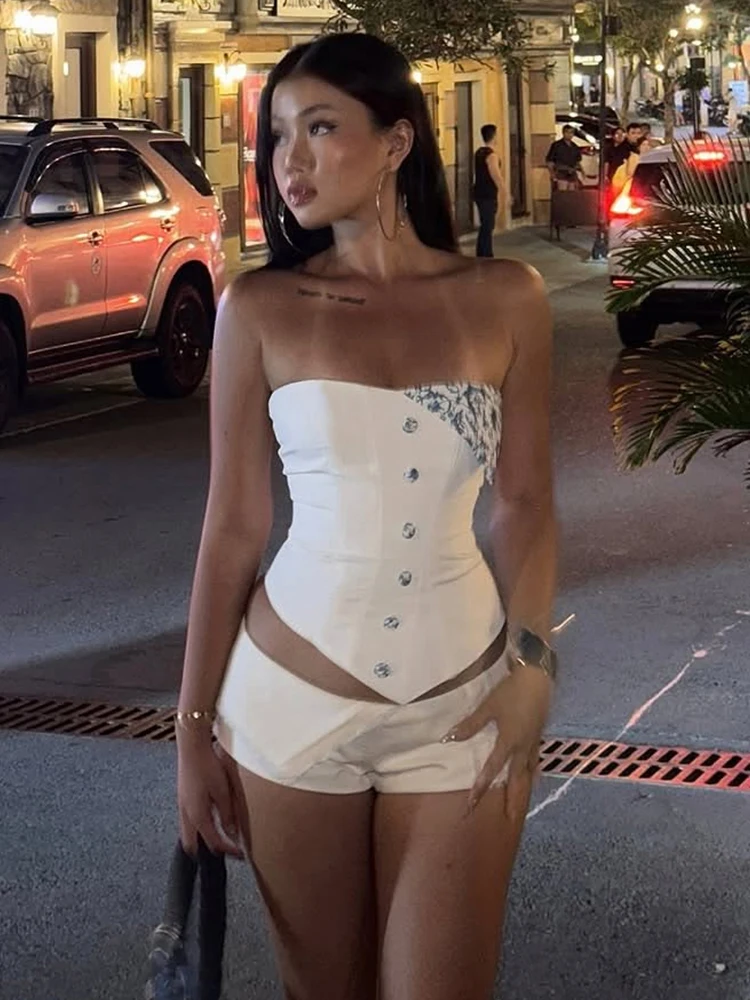 Nibber Button Irregular Hem Bandeau Women Sexy Printing Skinny 2025 Summer Pretty Trend Versatile High Street Skinny Crop Tops