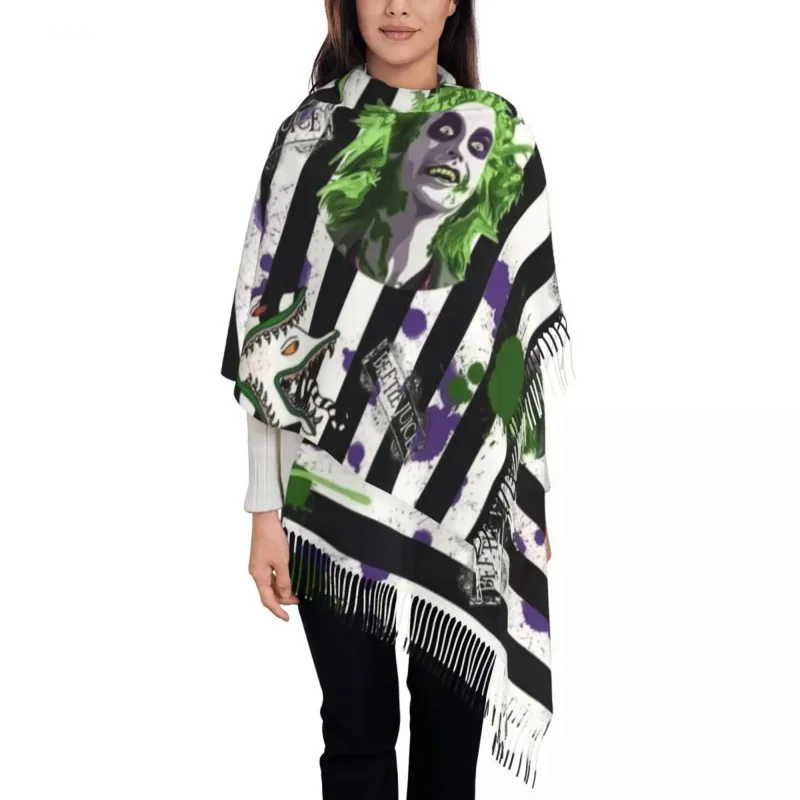 

Lady Large Beetlejuice Halloween Movie Scarves Women Winter Fall Thick Warm Tassel Shawl Wrap Stripe Tim Burton Film Scarf