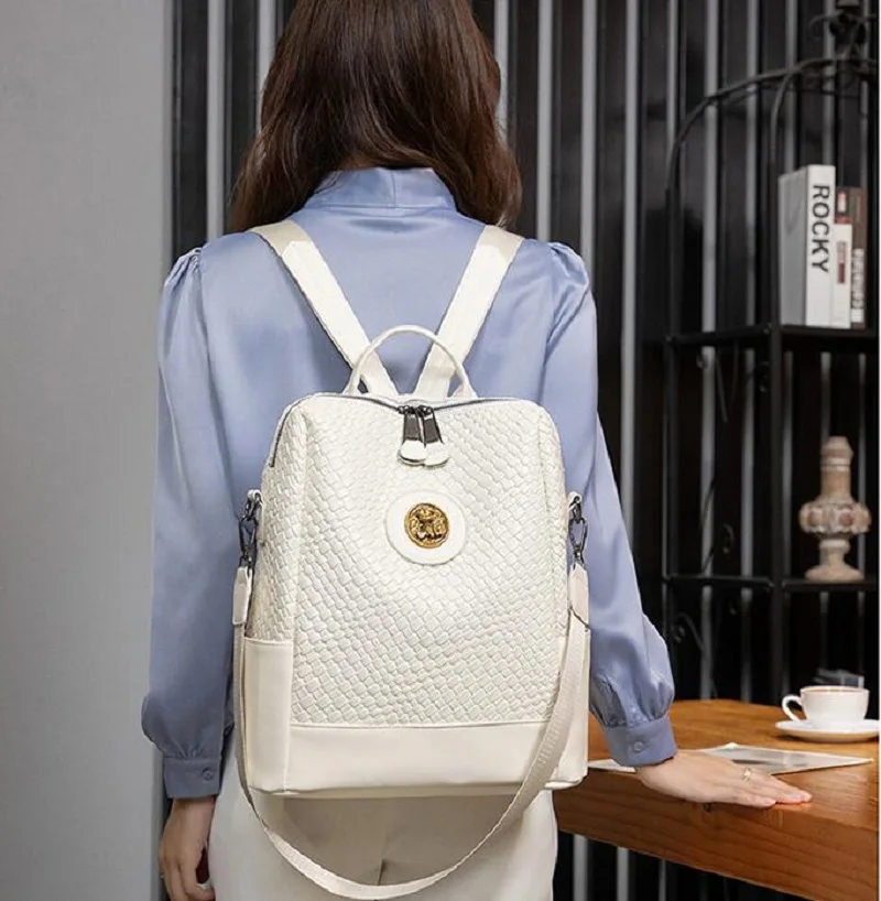 New Fashion High Quality Woven Soft Leather Backpack Women Large Capacity Travel Shoulder Bags School Bag Leisure Backpacks 5