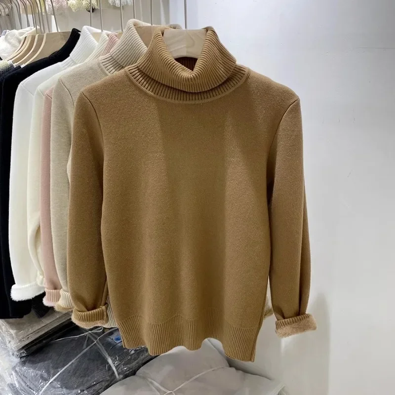 Solid Color Turtleneck Sweater Autumn and Winter New Integrated Fleece Warm Women's Bottoming Shirt Casual Slim Knitwear Top