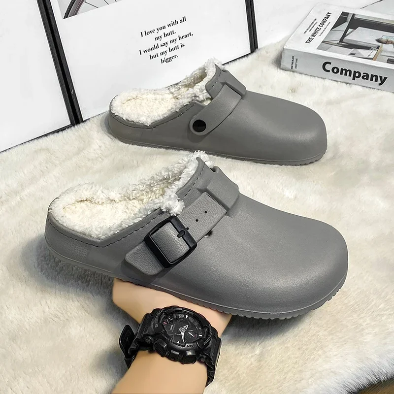 Men's Slippers EVA Winter Plush Warm Waterproof Oil-proof Chef Shoes Non-slip Kitchen Work Shoes Couple Home Soft Sole