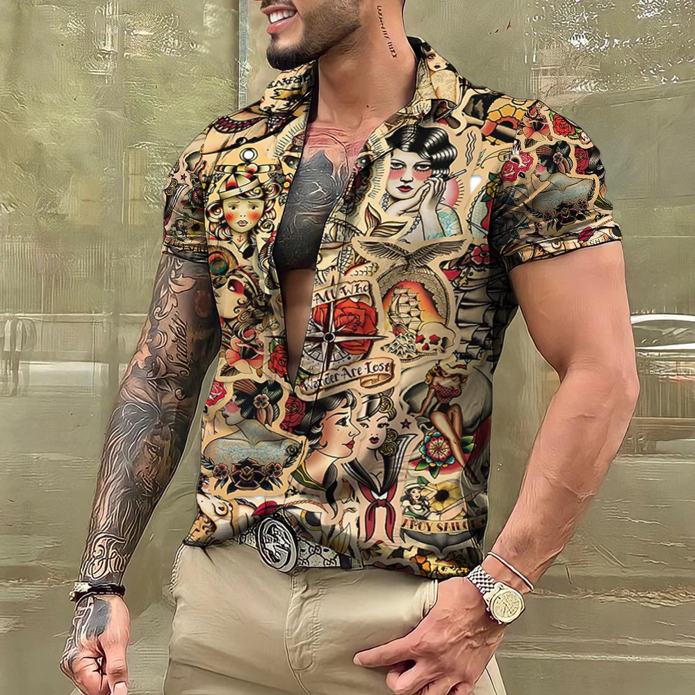 Summer Tattoo Shirt Hawaiian Shirts For Men Brand Short Sleeve Tops Tees Casual Men's Blouse Fashion Camisas De Hombre Clothing 4