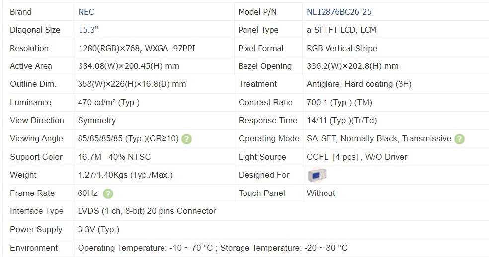 NL12876BC26-25 NL12876BC26-25A NL12876BC26-25B 15.3인치 LCD, 배송 전 100% 테스트 완료