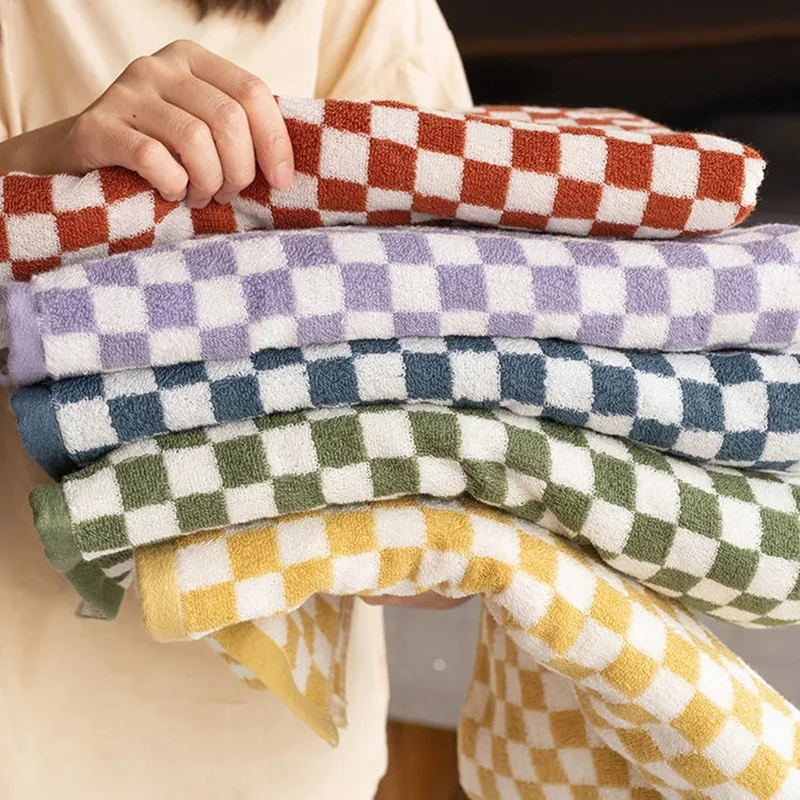 Vintage Plaid Bath Towel Checkerboard Hand Towel Absorbent Face Bathroom Home Hotel Outdoor Comfortable Towels
