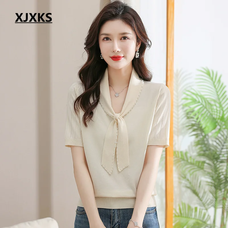 

XJXKS 2023 Summer New Fashion Bow Collar Women's T-shirt High-quality Mulberry Silk Knit Short-sleeved Tops