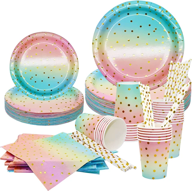 120Pc Pastel Party Decorations,Disposable Pastel Paper Plates Napkins Party  ,Rainbow Party Plates Sets For Birthday