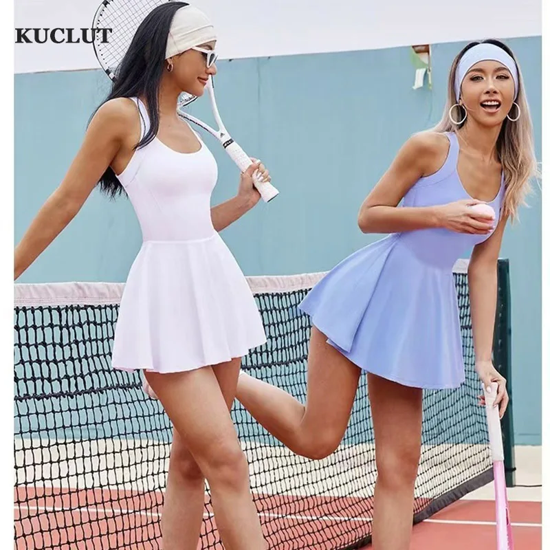 Women Dress Sports Clothing Tennis Dress Women Sports Sets Golf Badminton Skorts Back Cross Tracksuits With Chest Pads One-Pieces Slim Fit Soft Yoga Suits