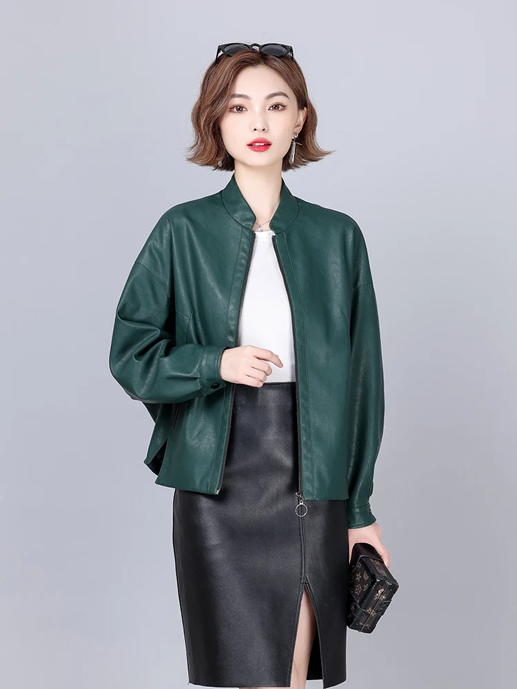 New Women Loose Leather Jacket Spring Autumn Fashion Stand Collar Bat Sleeve Casual Oversize Sheepskin Jacket Split Leather Coat