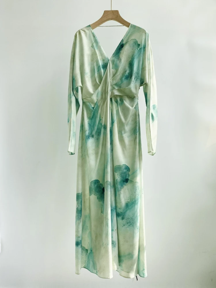 

Women Ink Printing Silk V-neck Waist Dress 2023 Spring and Summer New Style