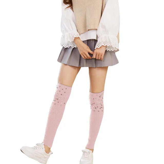 Women s Fashionable Over Knee Warm Socks With Pearls And Rhinestones Winter Warmth Knitted Thigh High Boots And Socks