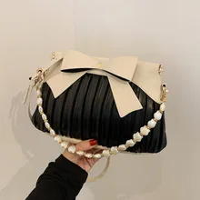 

Black Bow Women's Crossbody Bag Shell Chain Leather Shoulder Bag Fashion Pleated Handbags Female Brand Design Messenger Bag Sac