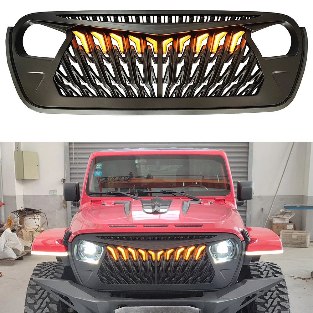 

Mesh Grille Front Grill Cover Black With Amber LED Running Lights For Jeep Wrangler JL 2018+ JL1274