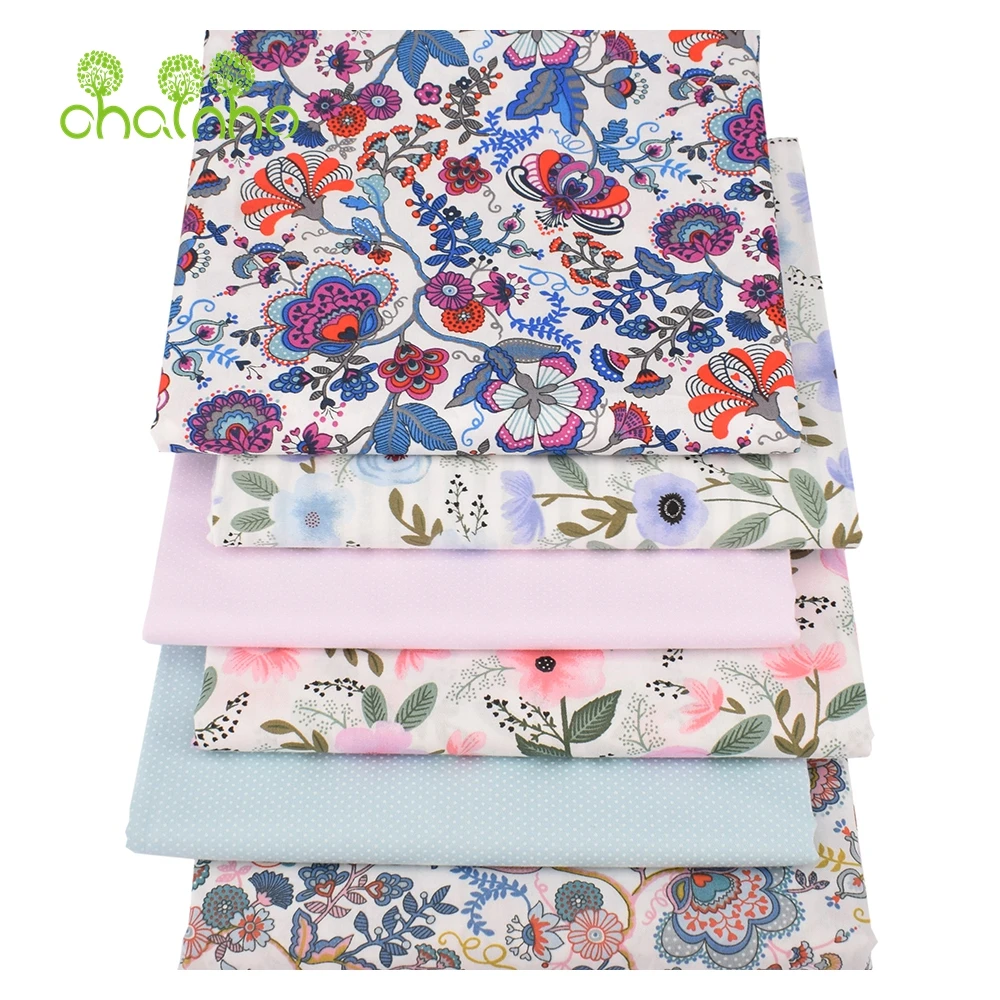 Chainho,Printed Twill Weave Cotton Fabric,DIY Sewing Quilting Material,Patchwork Cloth,6 Designs Flowers Series,2 Sizes,15C288