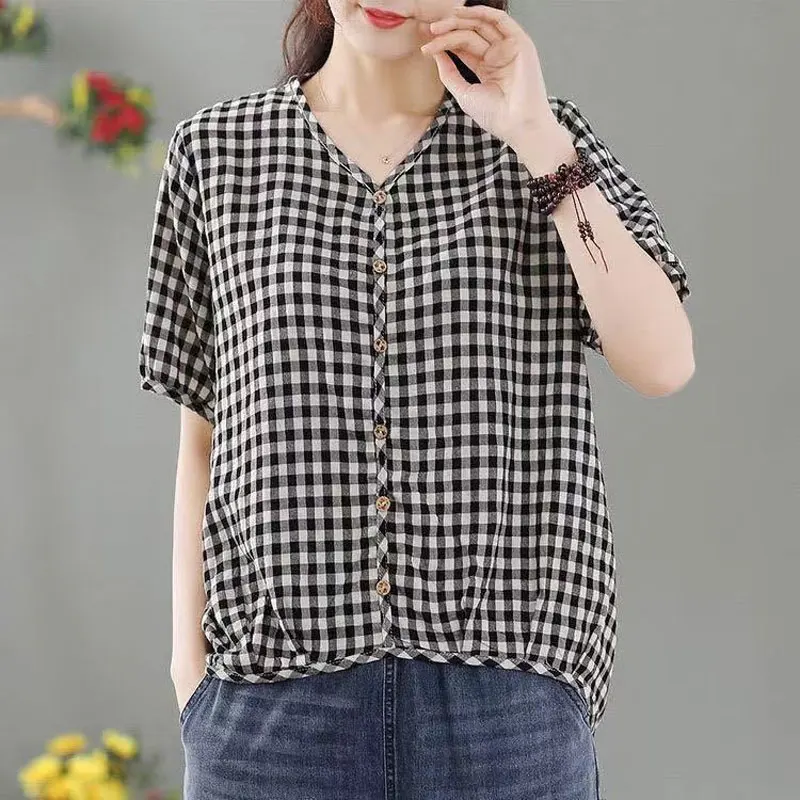 Commute Basic Loose Plaid Blouse 2024 Summer New Casual Button V-Neck Women's Clothing Short Sleeve Korean Stylish Spliced Shirt