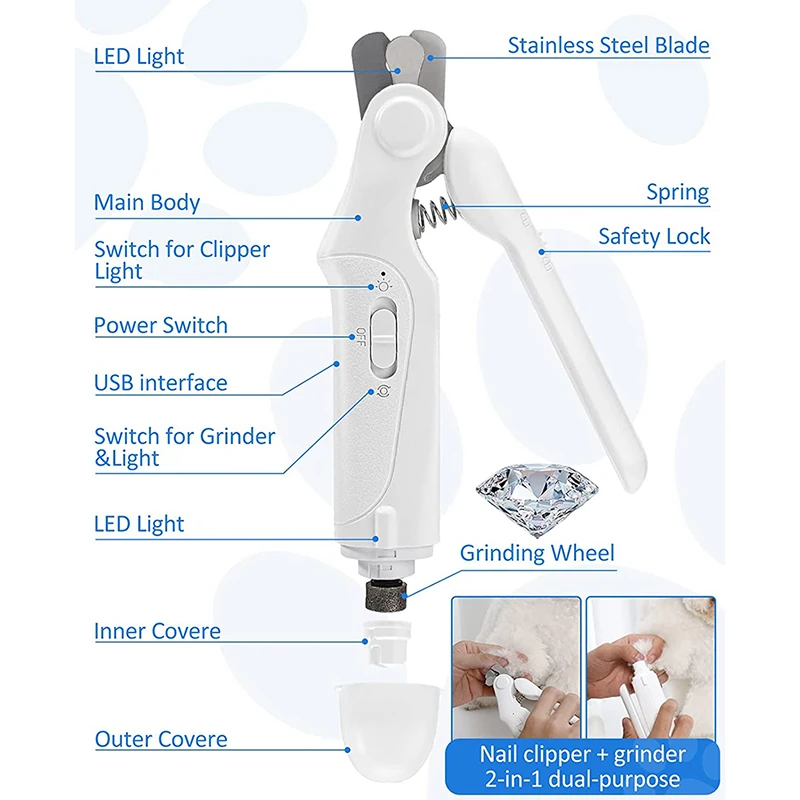 Benepaw Professional Pet Nail Clipper Grinder 2 In 1 LED Light Low Noise Cat Dog Nail Cutter Trimmer Grooming USB Rechargeable