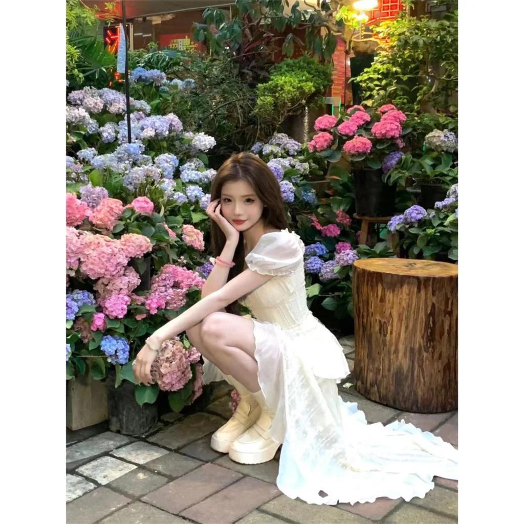 Y2K Irregular Ruffles Midi Dresses for Women Puff Sleeve Square Collar A-line French Vintage Birthday Party Dress Prom Vestidos