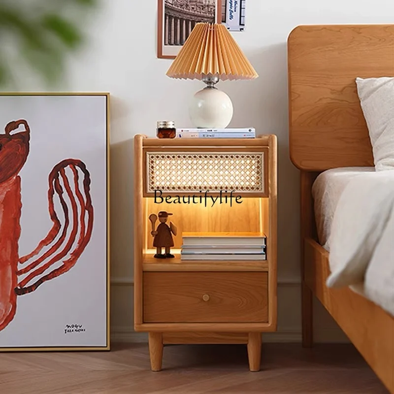 

Nordic Simple Solid Wood Bedside Cabinet Japanese Style Small Apartment Cherrywood Bedroom Mini Storage Rattan Bedside Cabinet