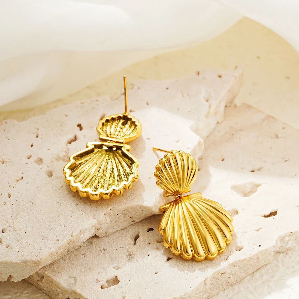 Retro PVD Thick Conch Shells Stud Earrings Ribbed Starfish Snail Shell Scallop Earring Anti Allergic Stainless Steel Bijoux 2024
