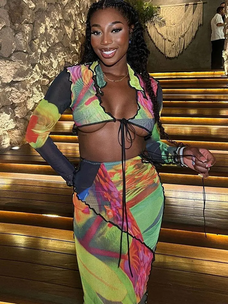 

2023 Summer Printed Skirt Outfits Women Fashion Slim Lace-up Top Shirt Skirt Two Pieces Set Lady Beach Casual Vocation Suits