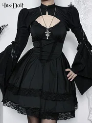 InsDoit Mall Goth Flare Sleeve Crop Smock Blouses Women Harajuku Shrug Stand Collar Chiffon Emo Alternative Cover Up Tops