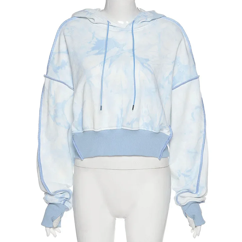 Fall and Winter New 2023 Women's Short Loose Fashion Tie-dye Hooded Long Sleeve Blue Pullover Female Korean Hoodies Sweatshirt