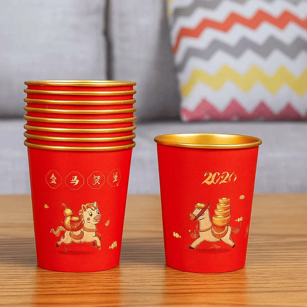 50pcs Horse Pattern 2026 Spring Festival Disposable Cup Anti-scalding Gold Foil Drinking Tea Cup Chinese Style Thickened