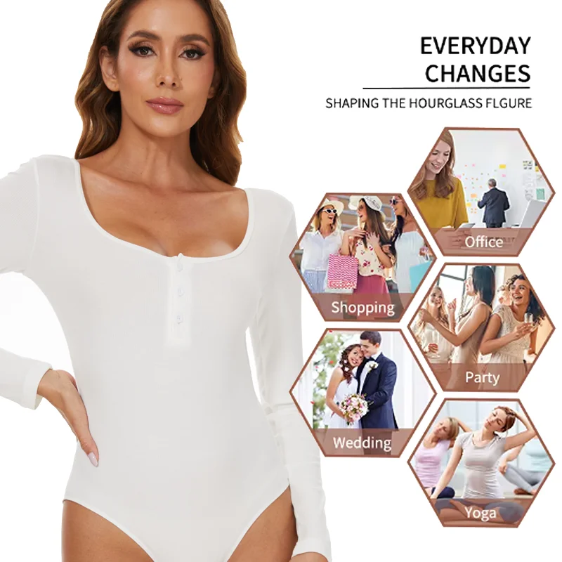 Women Round Neck Body Shaper Long Sleeve Shapewear Sexy Ribbed Bodysuit Front Button Compression Fitness Tummy Control Outfit 10 S0602ce4060274b07bd576d7746153024y