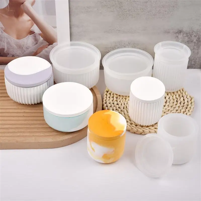 Round Stripe With Cover Candle Cup Silicone Mold DIY Plaster