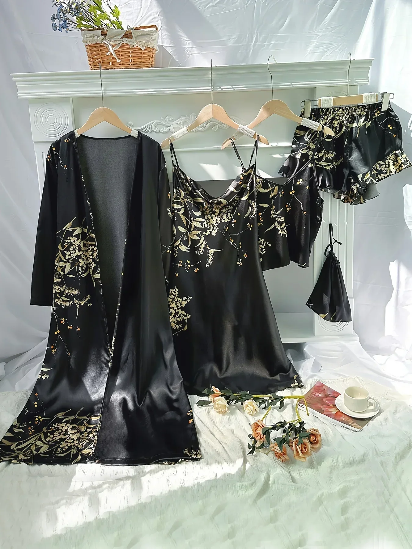 2024 New Ladies' Home Wear Simple 5-piece Set of Printed Small Cherry Pajamas Thin Nightgown with Halter Shorts Halter Skirt Set