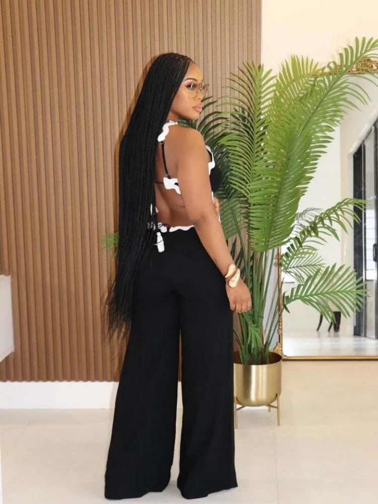 Wmstar Jumpsuit Women Wholesale Wavy Line Spliced Sleeveless Hollow Out Wide Leg One Piece Sexy Club Outfits Summer New Style