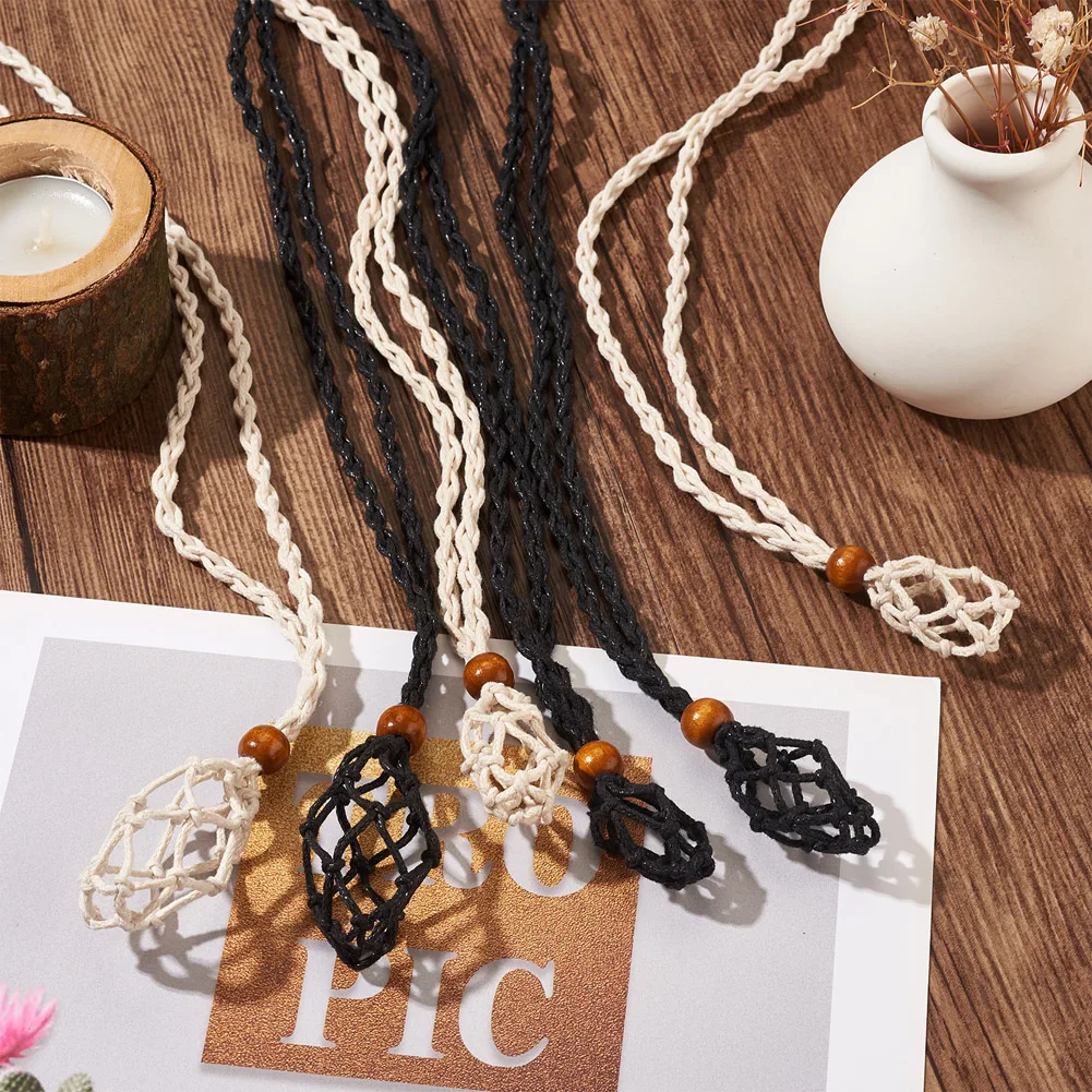 6Pcs Adjustable Braided Waxed Cord Empty Stone Holder Wax Rope Quartz Crystal Net Bag with Macrame Pouch Pendant Necklace Making