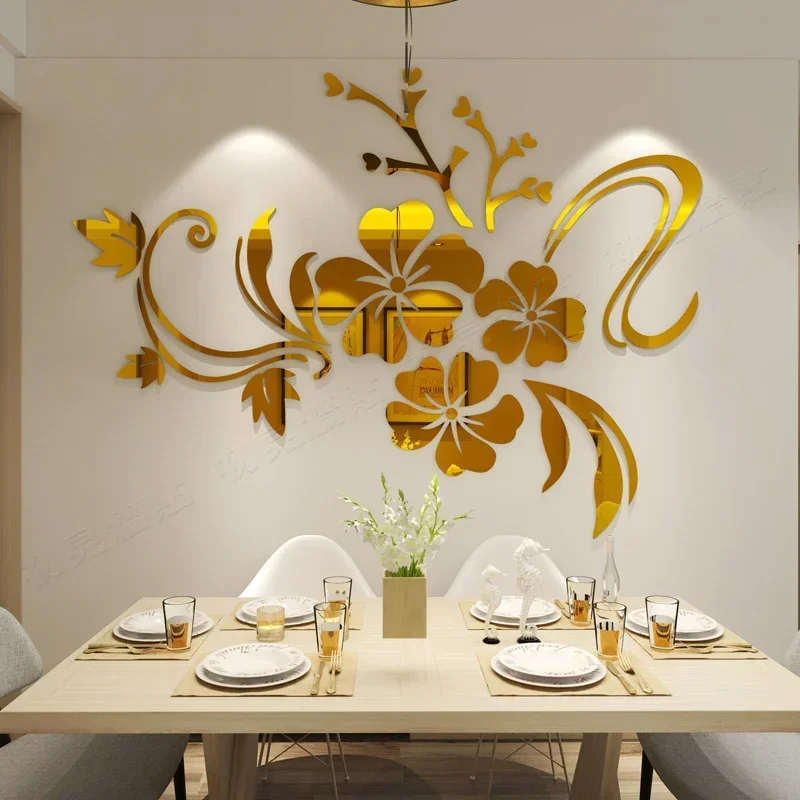 DIY Stitching Hibiscus Mirrors 3D Acrylic Decorative Wall Stickers Living Room Decoration Large Wall Sticker Mirror Art wall sticker mirror wall sticker acrylic wall sticker