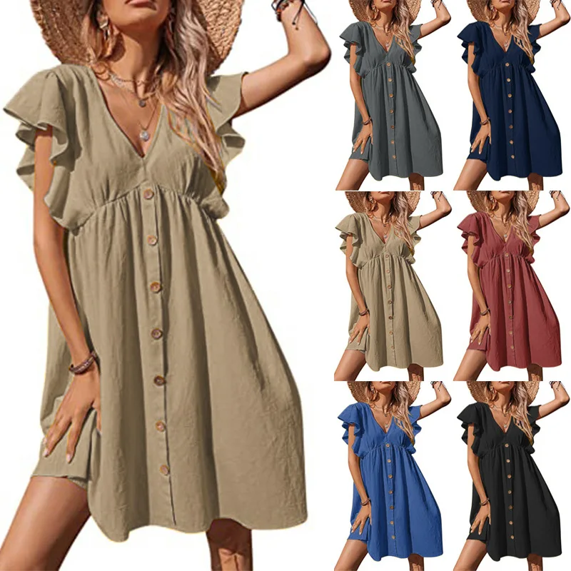Short Sleeve Black Ruffle Dresses Women 2025 V-Neck Loose High Waist Sexy Dress for Summer Fashion Female Bohemian Sundress
