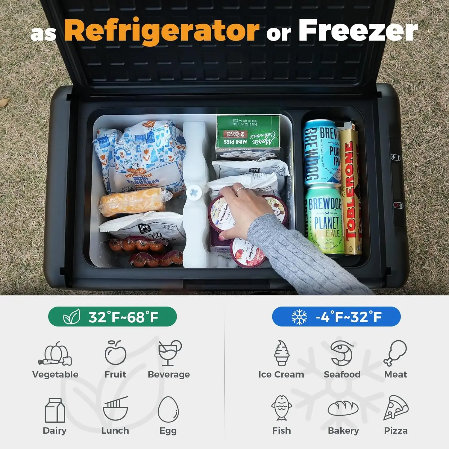 RF25 12V 27 Quart Portable Electric Cooler and Freezer for Cars with 12/24V DC Compatibility