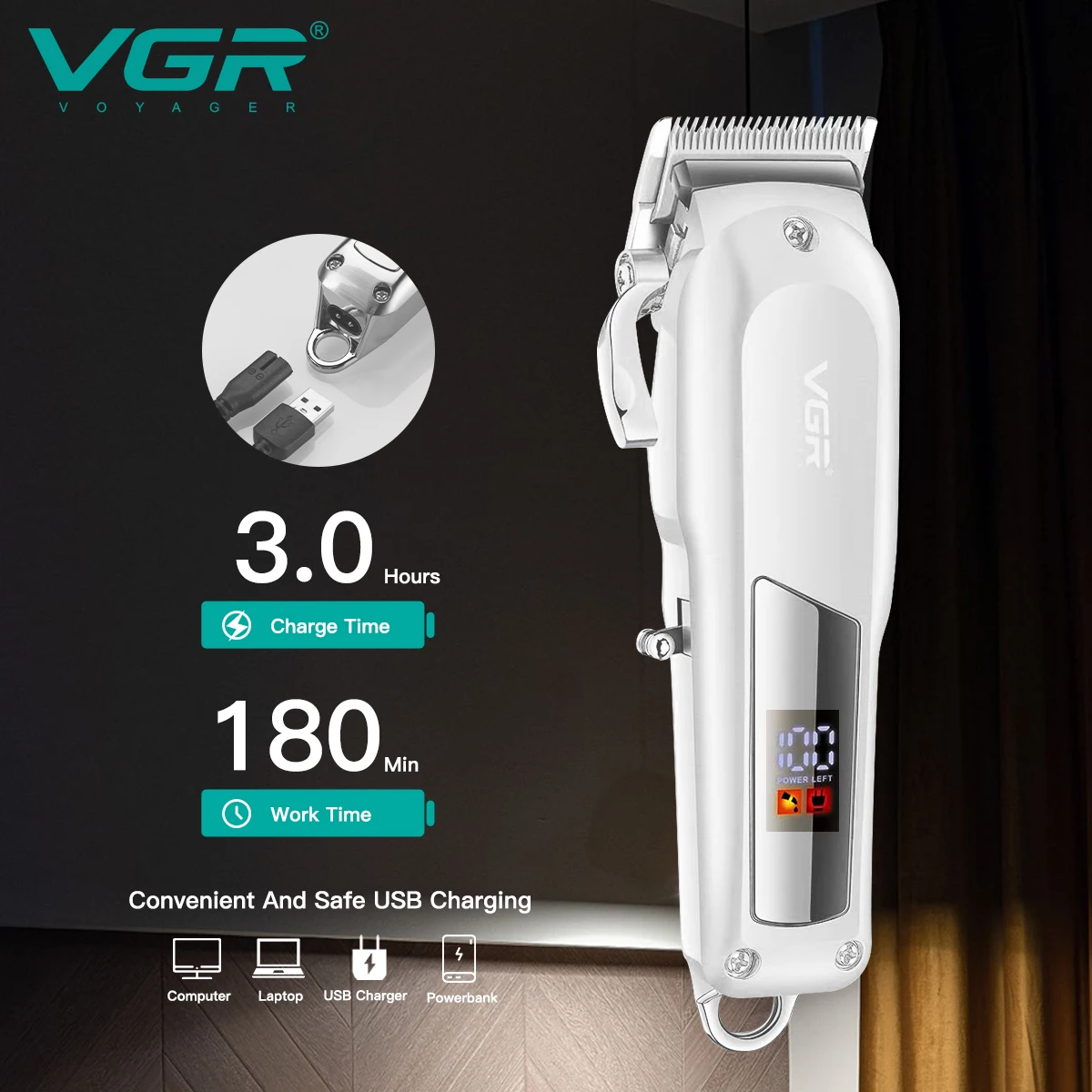 VGR 전문 헤어 트리머, 조절식 이발 기계, 무선 클리퍼, 충전식 이발 트리머, 남성용 V-278