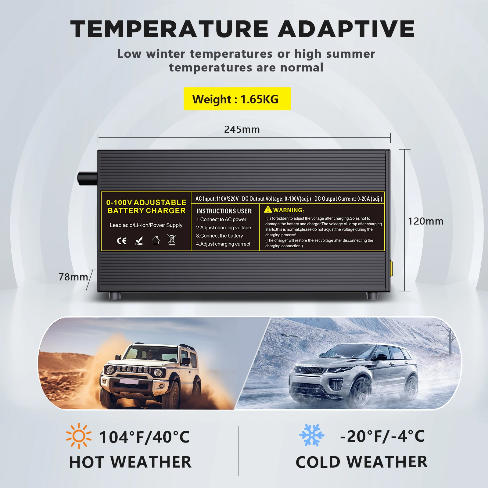 12V24V48v72v84v100V LifePO4 충전기 20A40A 고속 배터리 충전기 LifePO4에 적합한 조절 가능한 고출력 어댑터