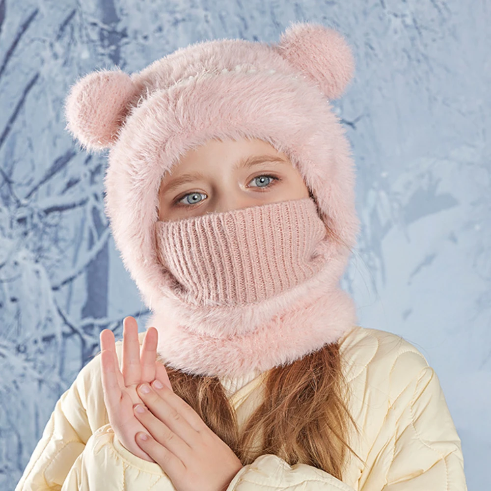 HT4527 Cute Ears Winter Hat Scarf Mask for Kids Soft Fleece Snow Ski Earflap Cap Child Hat with Scarf Mask Boys Girls Winter Set