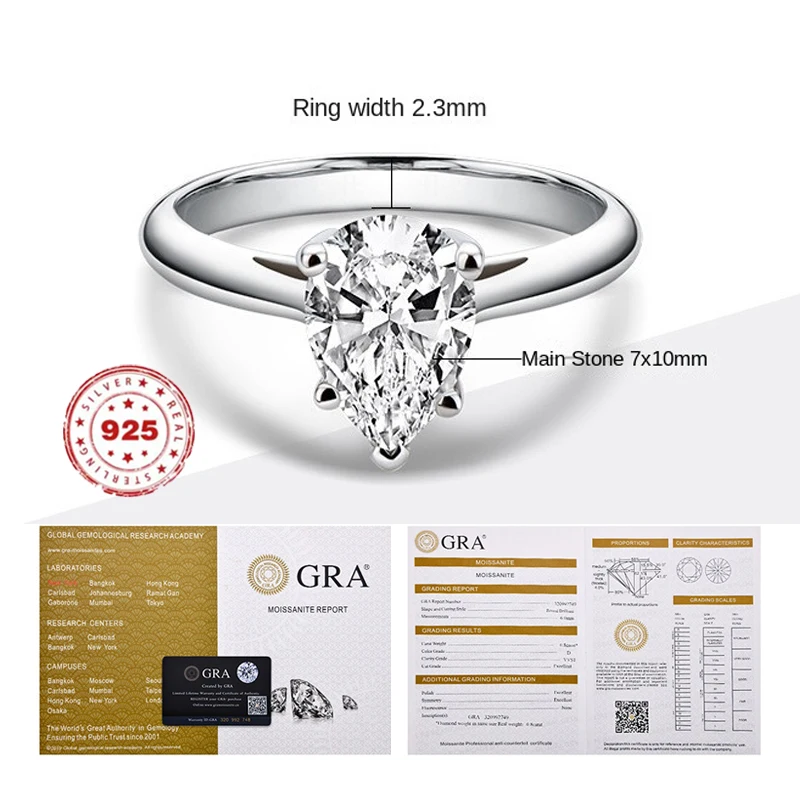 

Two Carats Moissanite Or Zircon Ring S925 Sterling Silver Water Drop Shape For Female Silver-plate Jewelry With GRA Credentials