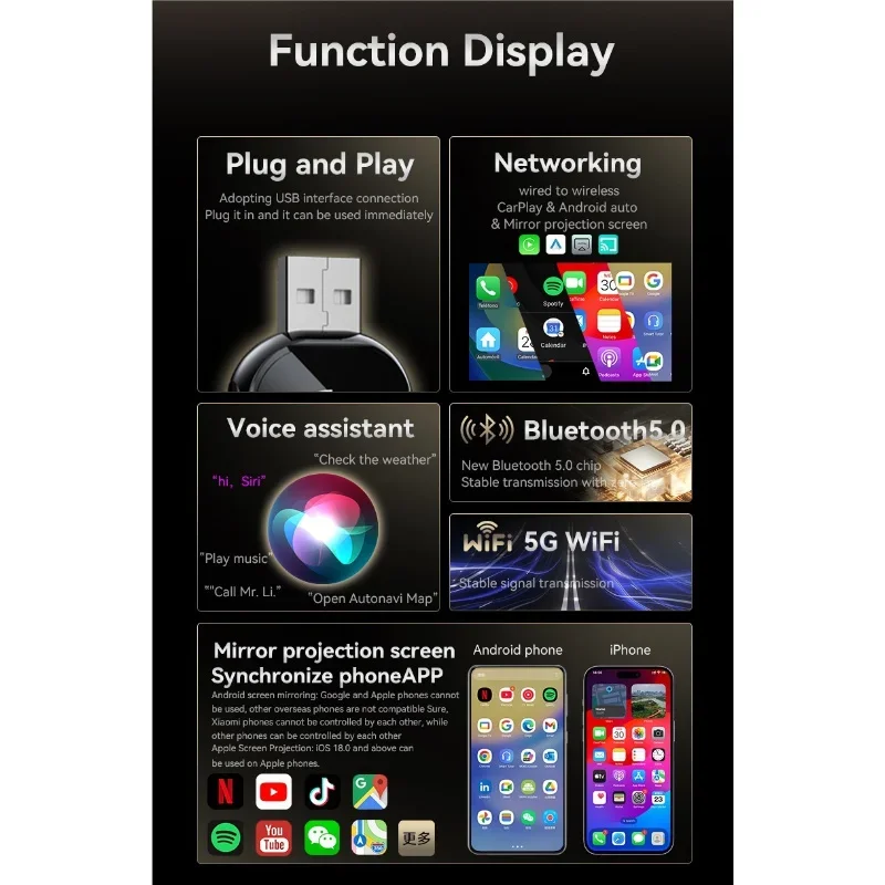 Adaptador Carplay 3 en 1 con enlace de espejo, cable a inalámbrico, para Airplay, Android, Auto MirrorLink, Bluetooth + Wifi, USB, Dongle, caja Ai para coche 4