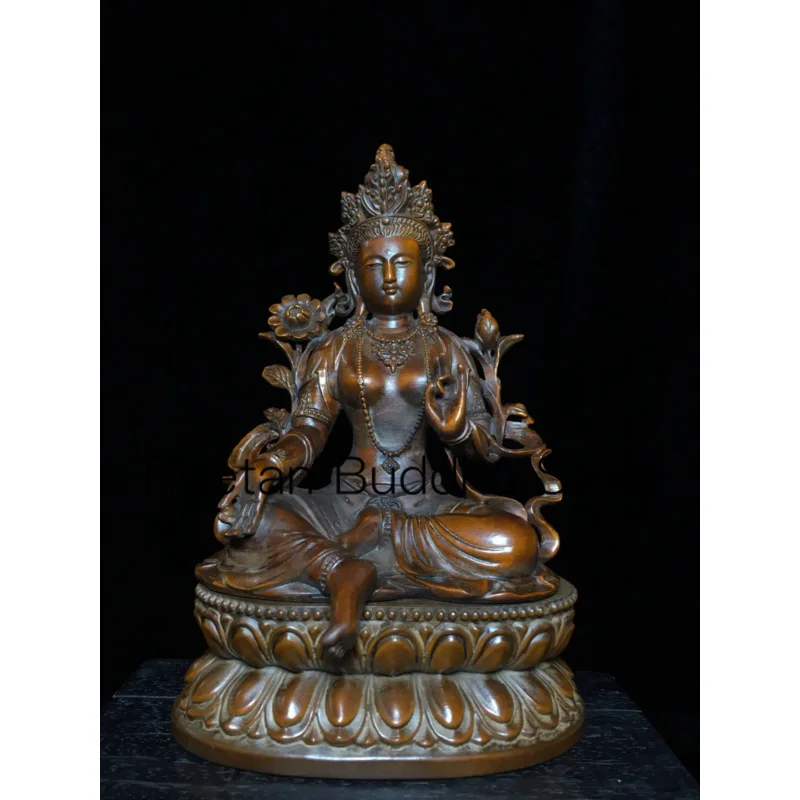 

19cm Antique Chinese boxwood handmade carved green Tara Guanyin Buddha statue ornament handicraft